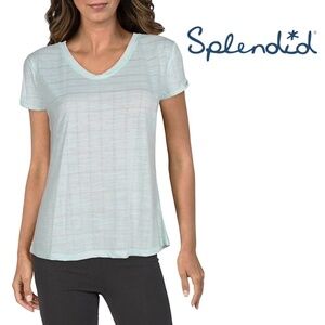 Splendid Bleached Aqua Grid V-Neck Top Active Fitness Workout, Athletic Stretch